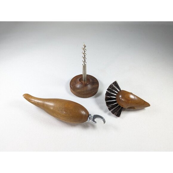 Vintage minimalist wood bird bottle opener, MCM Danish Bird Corkscrew + Bottle - Picture 3 of 10